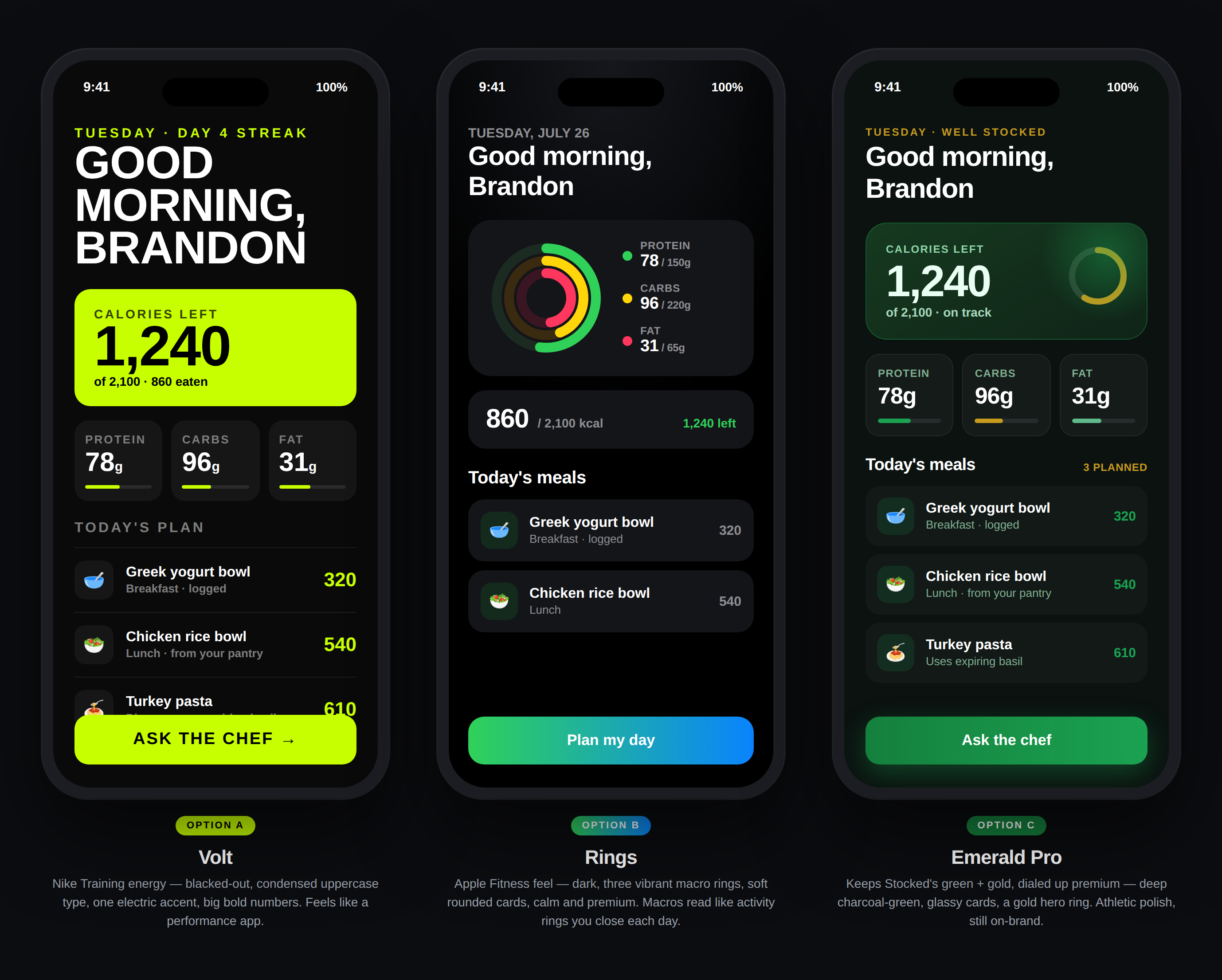 Three UI directions: Volt, Rings, Emerald Pro