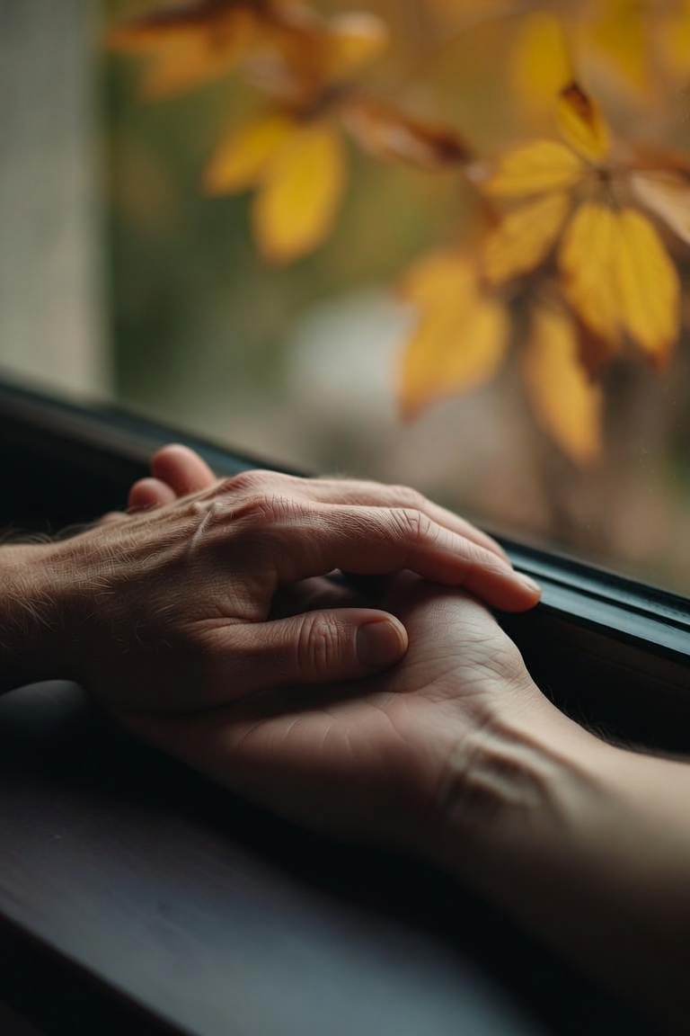 An older hand and a younger hand resting together by a window, autumn leaves outside